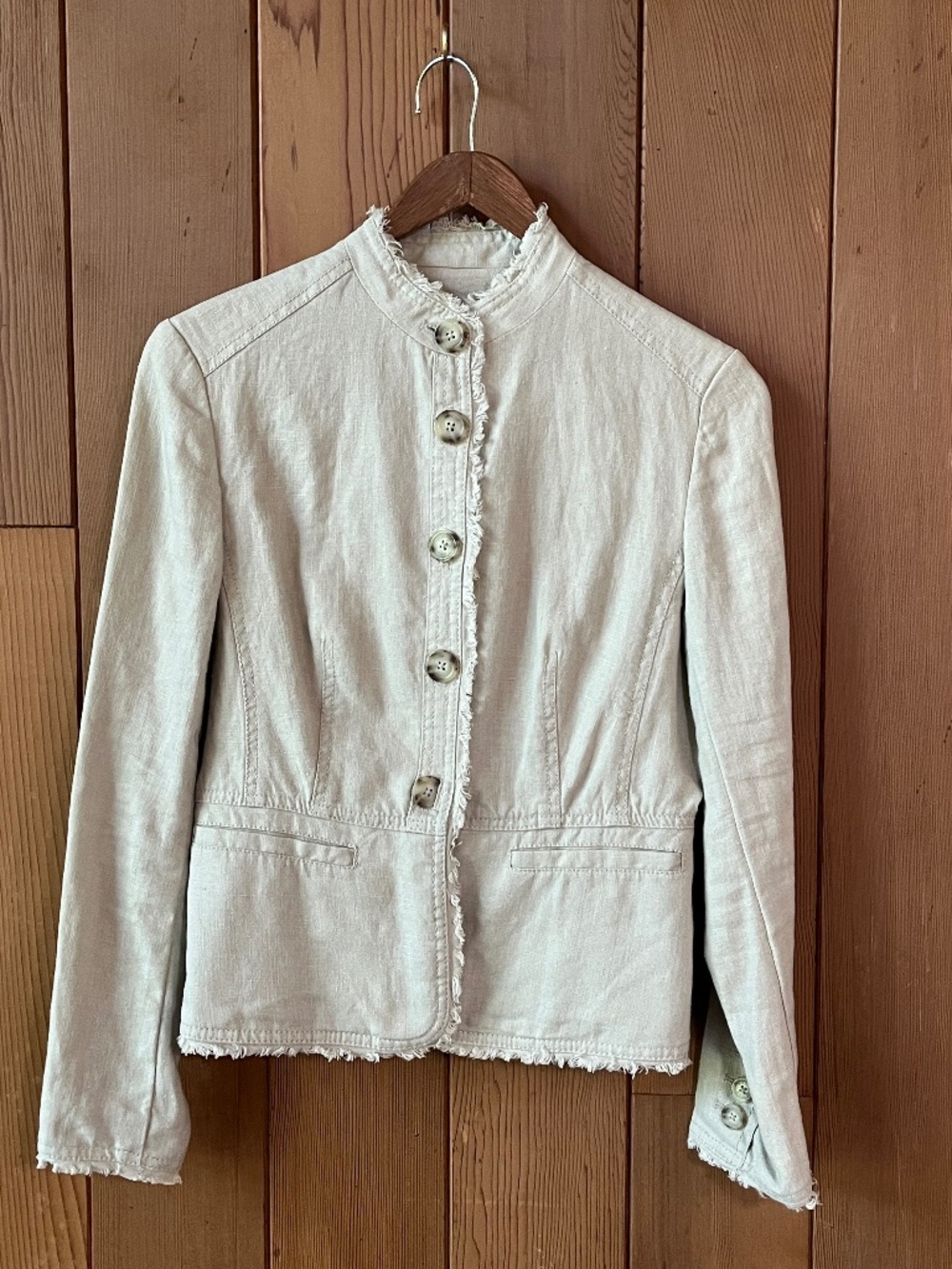 Michael Kors Beige Linen Jacket Blazer Fringe Trim Pleated back Size 4P